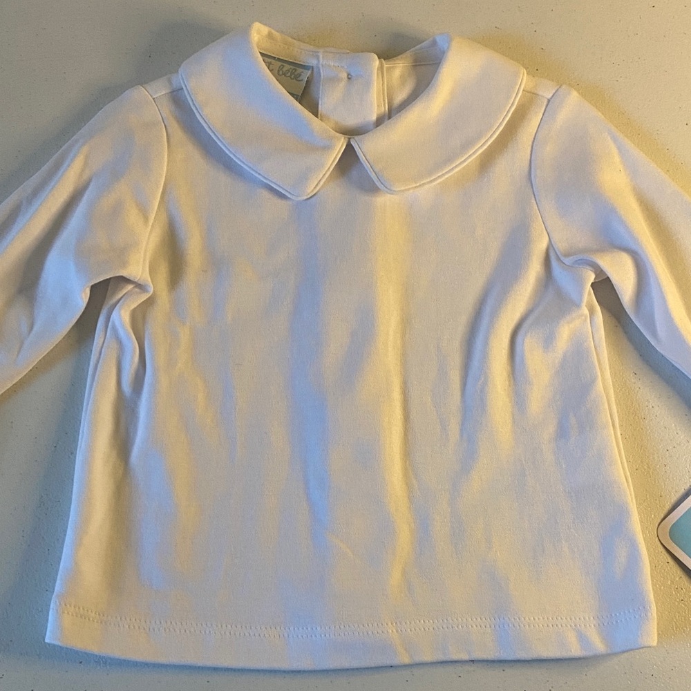Petit BeBe Long Sleeve White Kids Shirt Peter Pan Collar Buttons on Backside